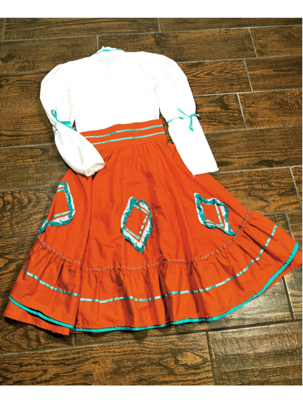 Girls Traditional Mexican Folklorico Costume Orange White Theater Dress 10-12